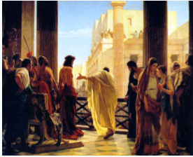 Painting of people socializing in a building with ancient Roman architecture Painting of people socializing in a building with ancient Roman architecture