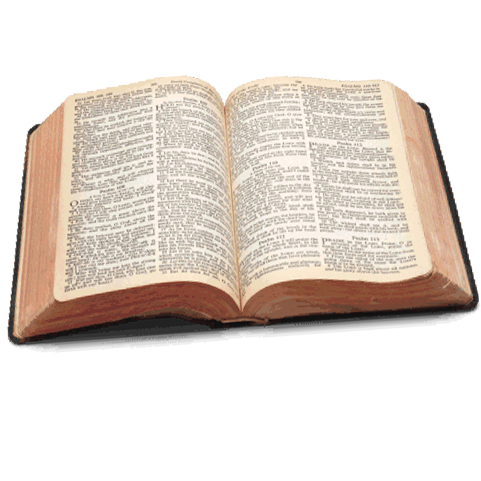 An open Bible displaying text on both pages.