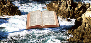 Open book floating on ocean waves near rocky shore. Open book floating on ocean waves near rocky shore.